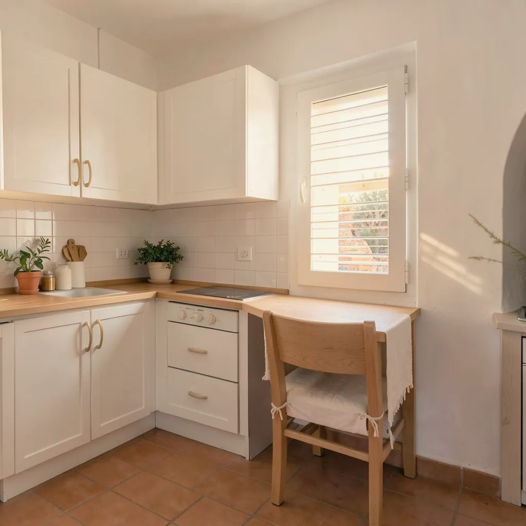 Cocina: Cocina pequeña y luminosa, recién limpia