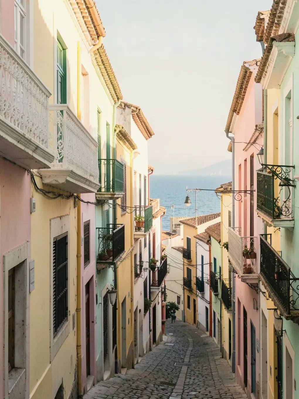Imagen ilustrativa: calle estrecha con fachadas de colores y balcones blancos, con el mar al fondo
