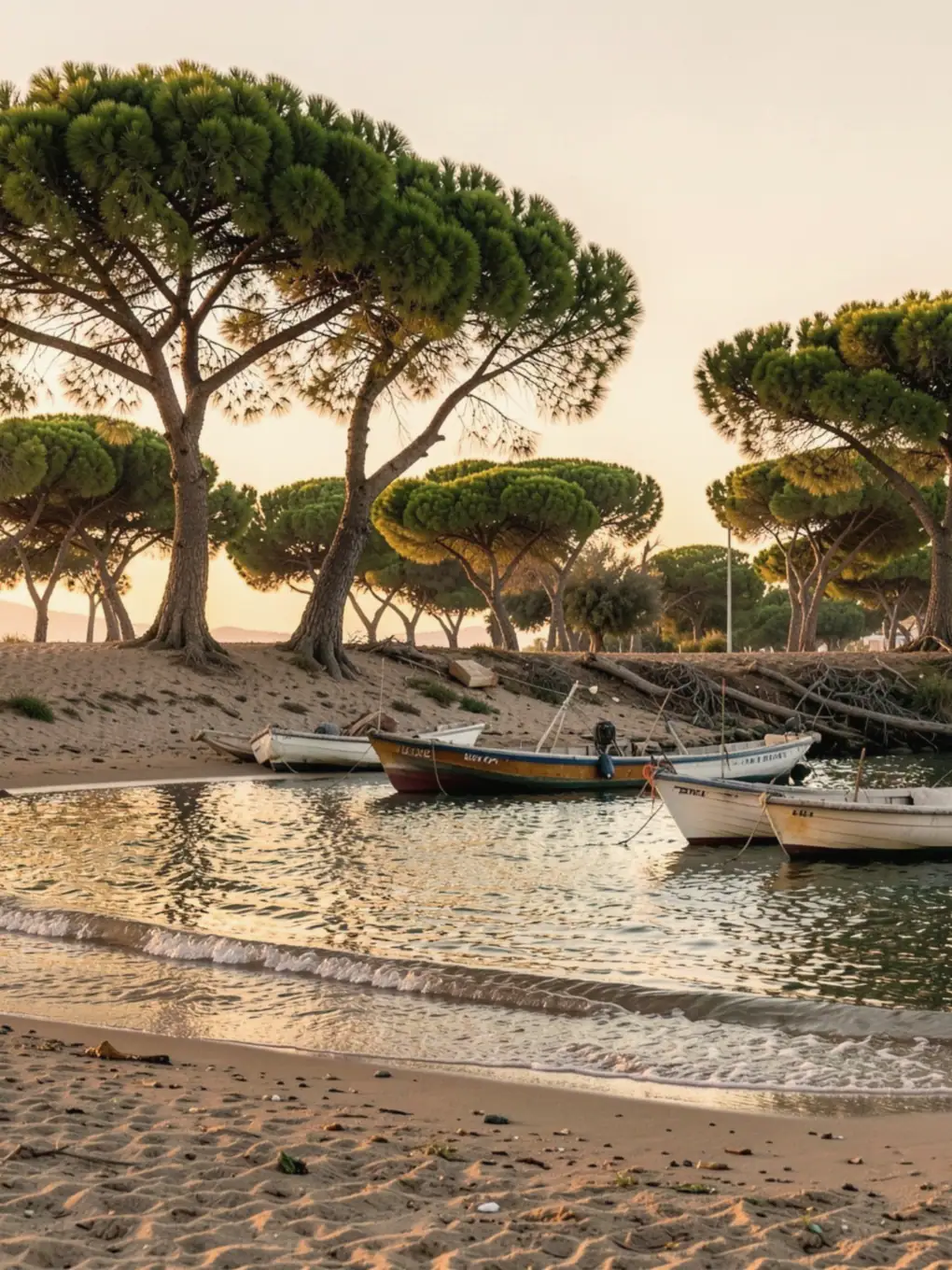 Imagen ilustrativa: barcas amarradas en una playa de arena con pinos piñoneros al atardecer